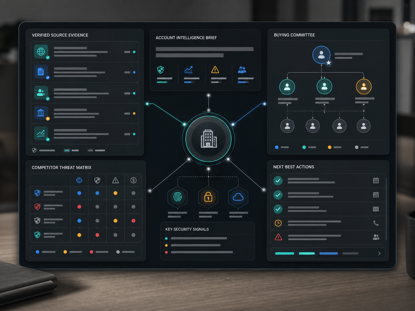 Abstract SalesBrain account intelligence dashboard showing verified sources, buying committee, competitor threats, and next best actions.